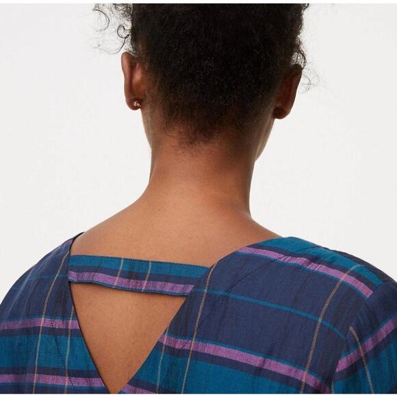 LOFT Blue Plaid Swing Top Size XS Flare Sleeve Cabincore - Picture 2 of 9